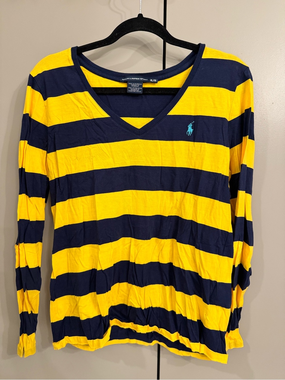 Ralph Lauren Women's Yellow and Navy Striped V-Neck Long Sleeve Top